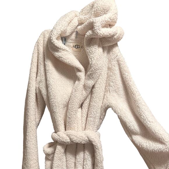 UGG Aarti Faux Shearling Hooded Robe Sz L cozy Large cream sherpa MSPR $98 - Picture 4 of 9
